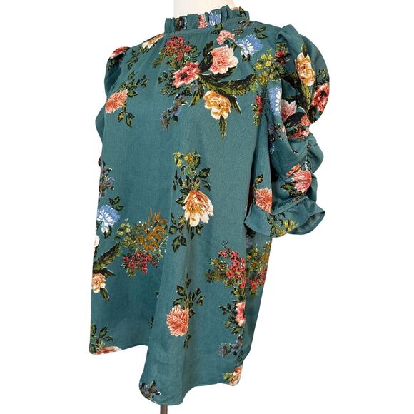 Everleigh Floral Puff Sleeve Blouse Size Large Teal Green Romantic Top - Picture 2 of 4